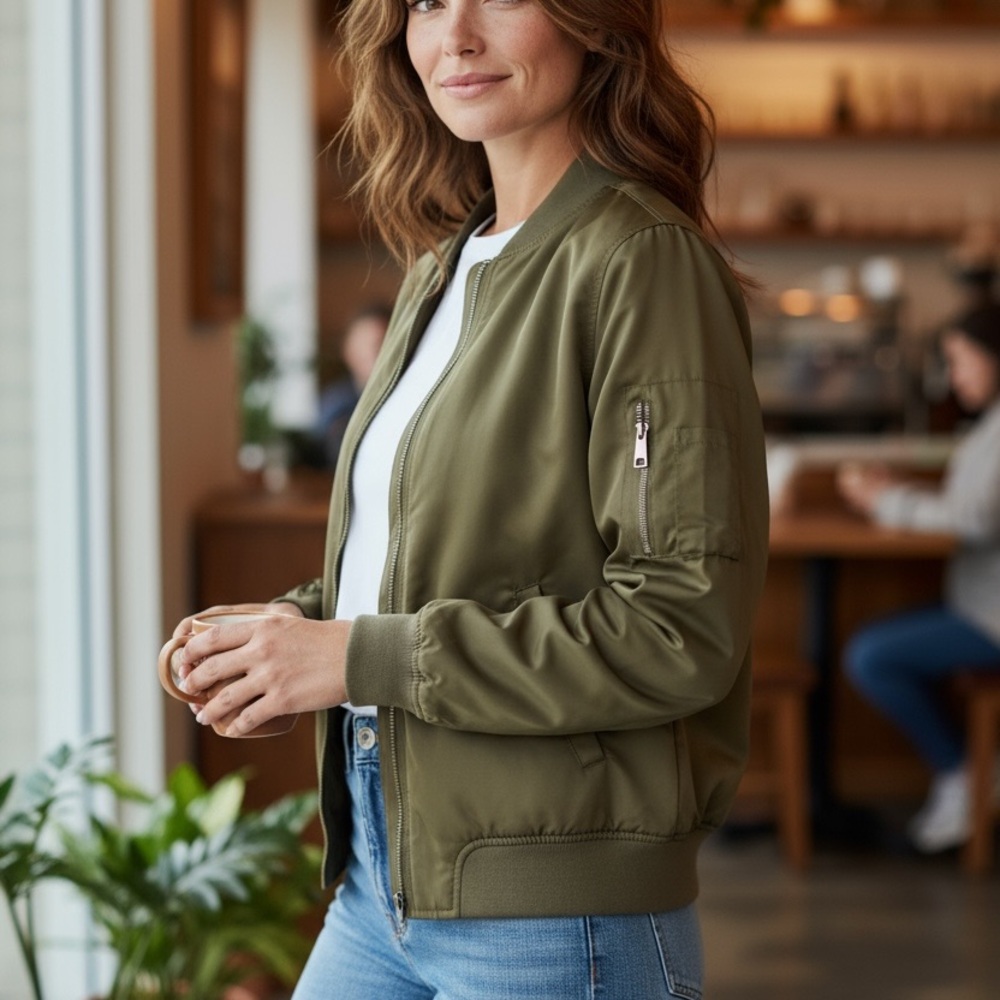 Forever 21 Women’s Large Bomber Jacket – Olive Green MA-1 Style